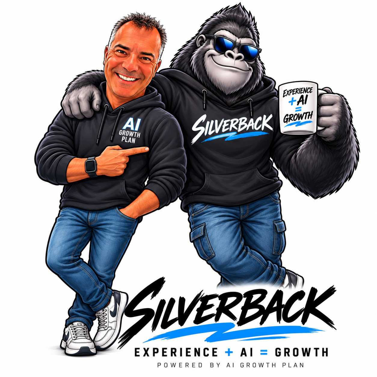 Coach Bouf and the Silverback mascot holding an Experience + AI = Growth coffee mug