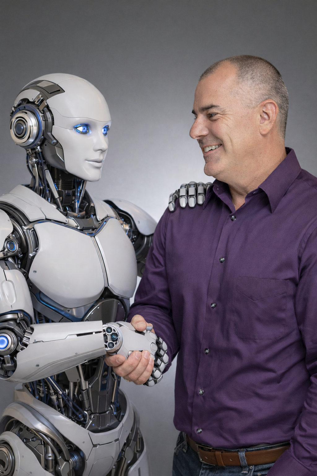 Playful conceptual image of Joe Bouffard shaking hands with a robot