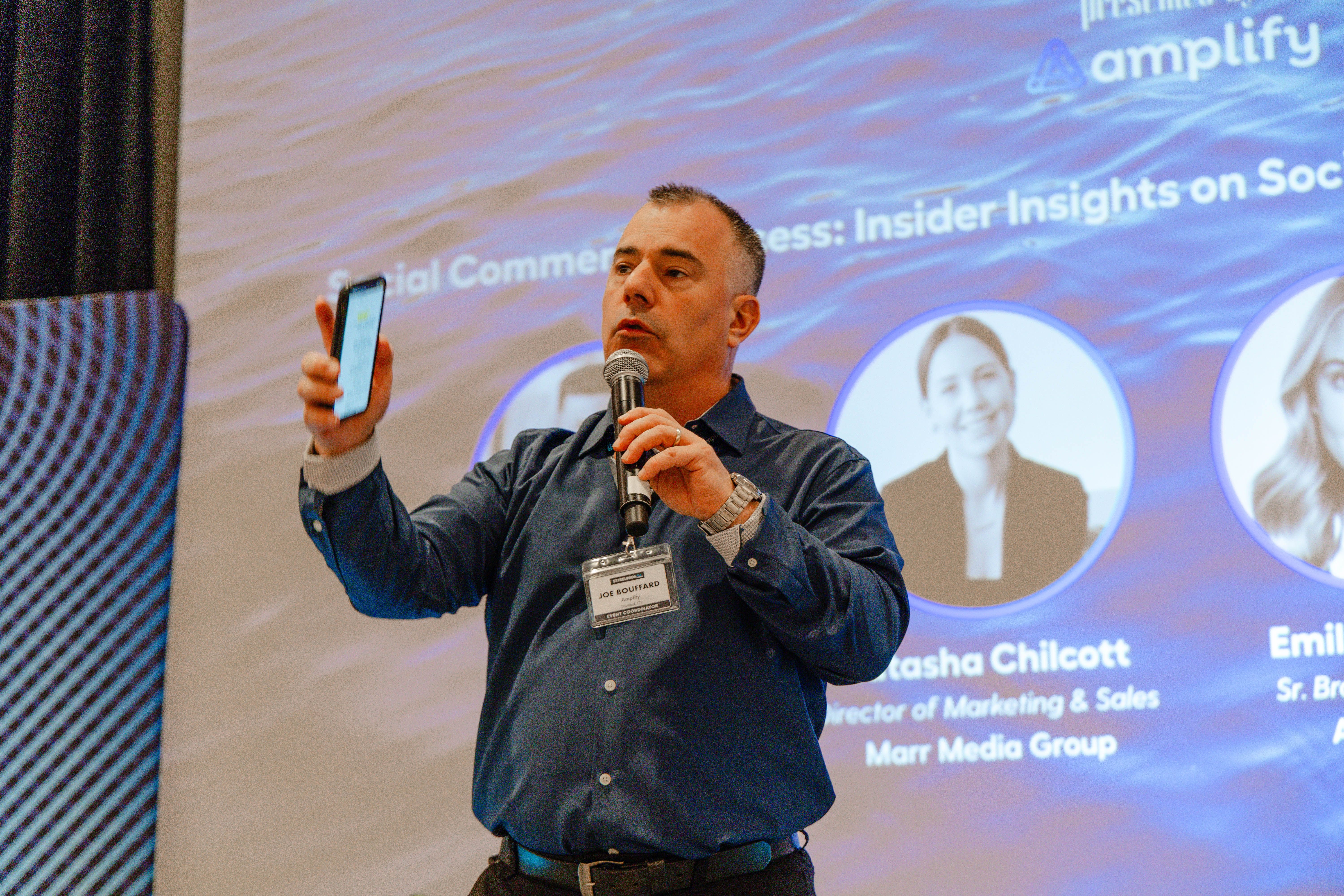 Joe Bouffard demonstrating technology from a conference stage